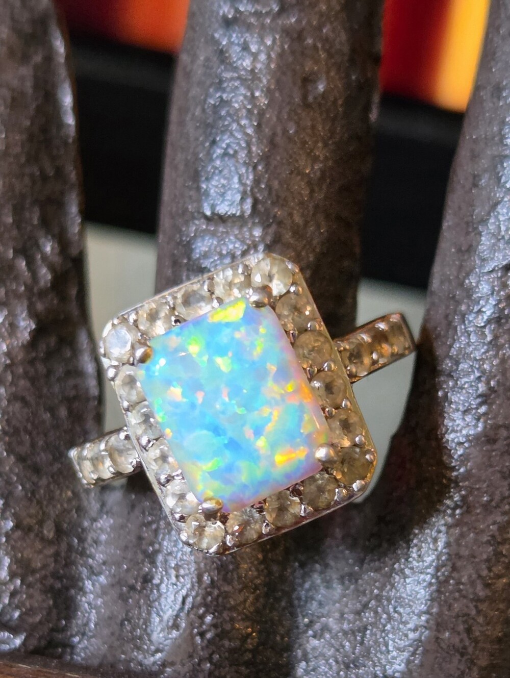 Vintage 80s Opal Halo Ring Sterling Silver Cubic Zirconia